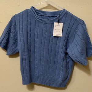 Classic Blue Cable Knit Short Sleeve Sweater